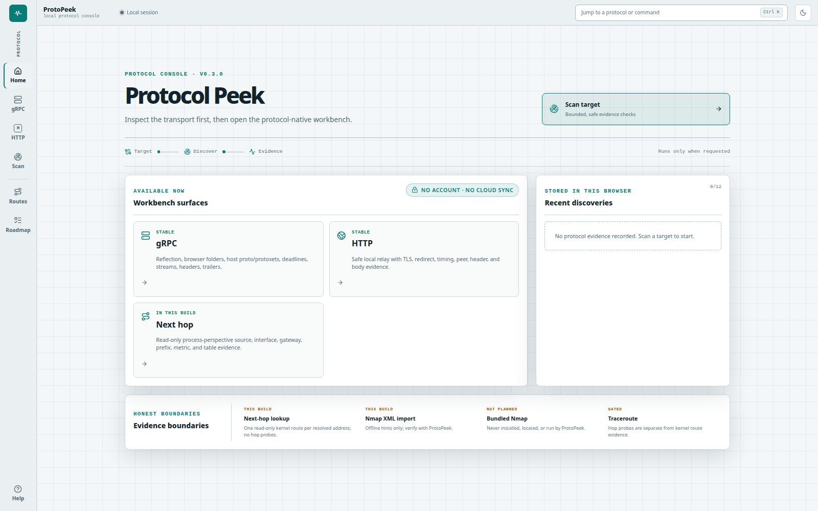 ProtoPeek v0.3 Protocol Peek dashboard with gRPC, HTTP, scan, next-hop, and roadmap surfaces