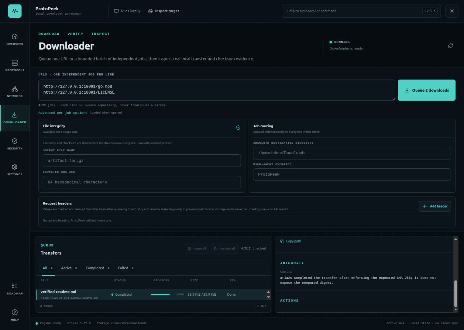 ProtoPeek v0.5.0 Downloader desktop with completed local aria2 transfers and expected SHA-256 evidence